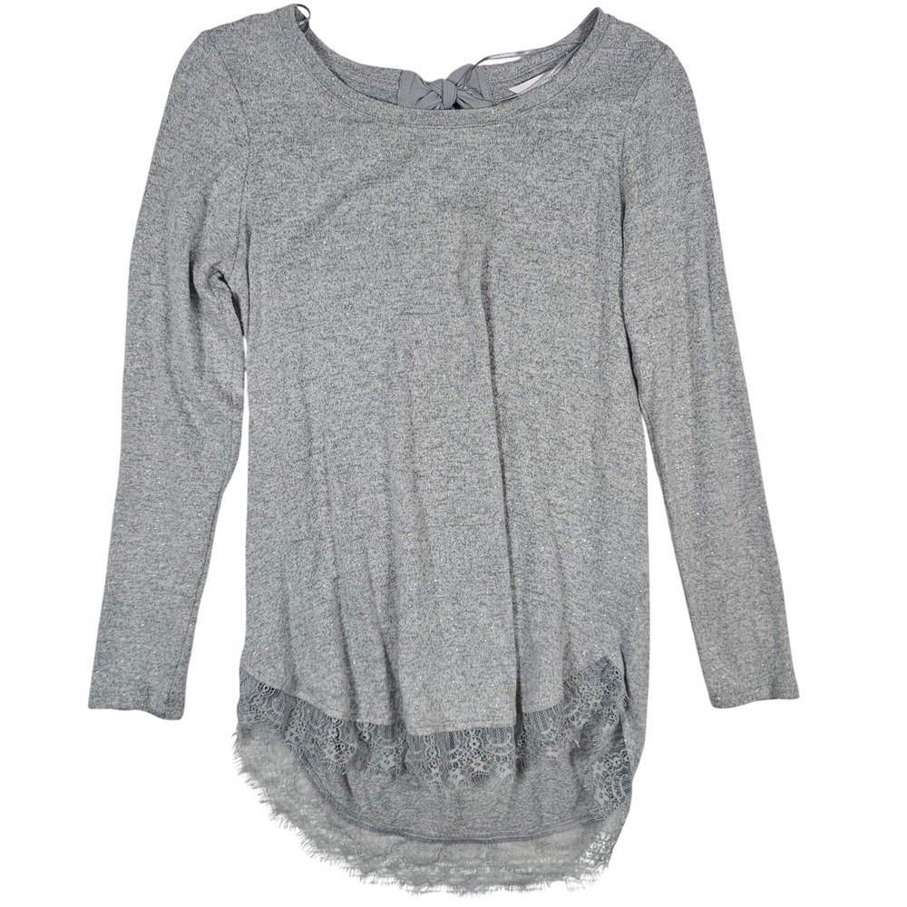 LC Lauren Conrad Womens XS Grey Shimmer Lace Trim Bow Back Long Sleeve Top
